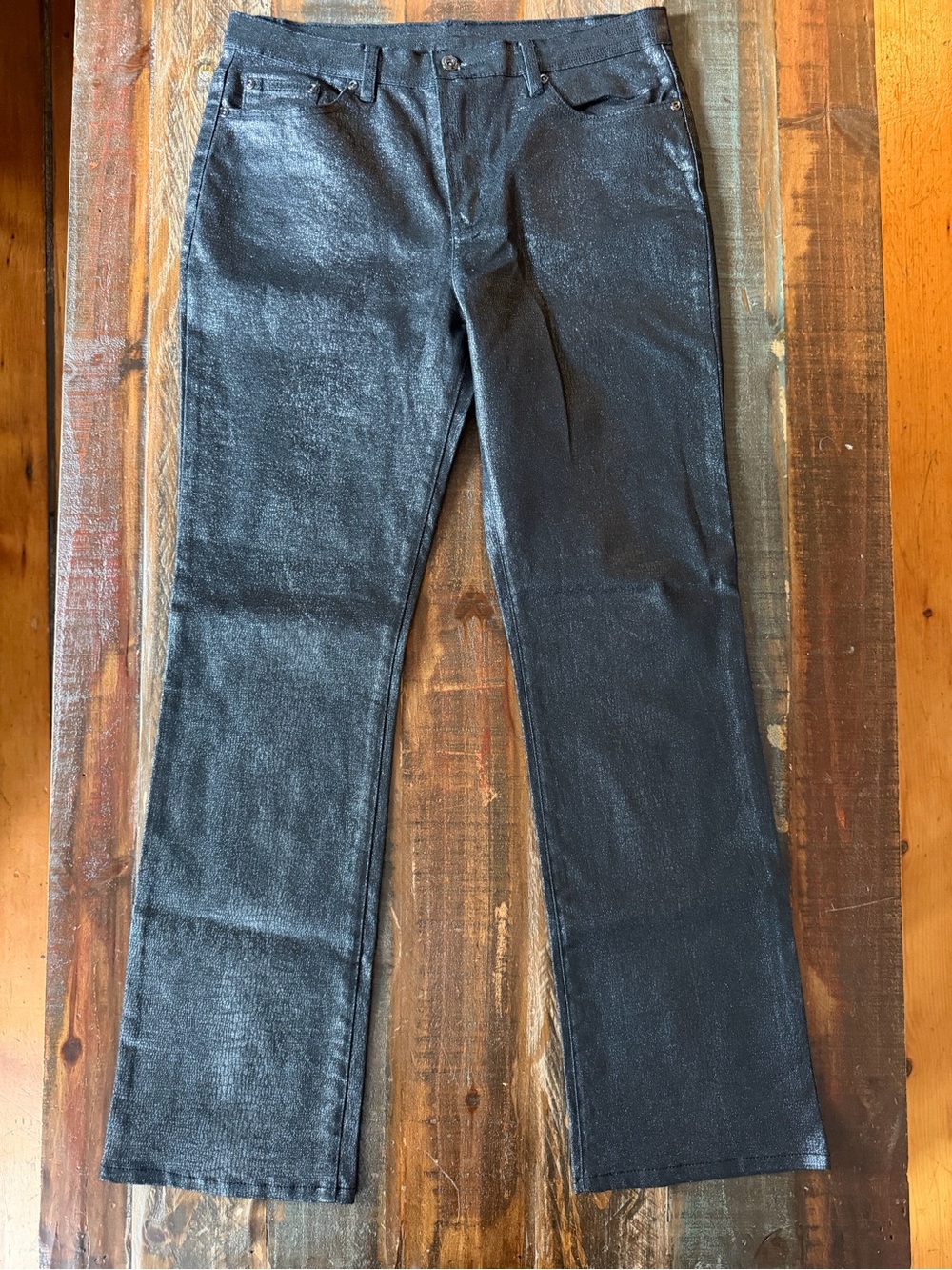 DG2 Diane Gilman Women’s 10 Black Metallic Shimmer Straight Leg Jeans | SKU 0637